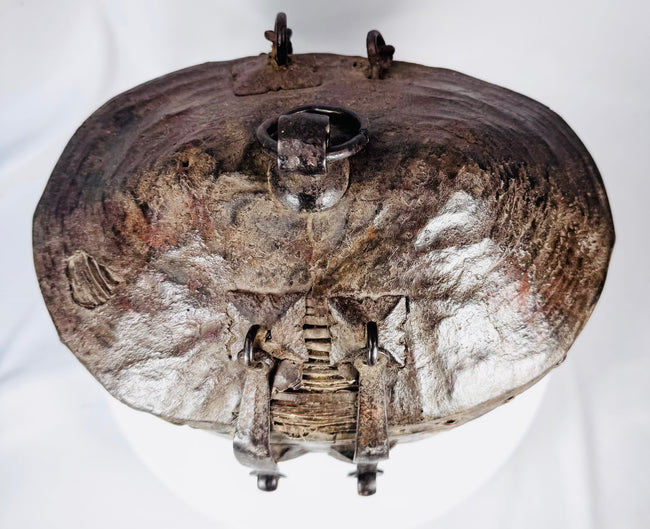 Antique ethnographic basket featuring leather reinforcement and hand-forged iron fasteners