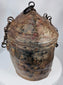 Himalayan ethnographic container with woven basketry interior and leather-covered exterior