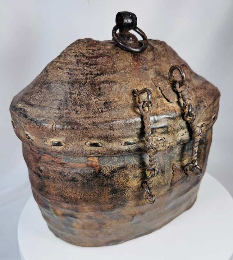 Antique Nepalese storage basket with forged iron clasps and suspension ring