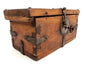 Antique Himalayan Merchant Strongbox with hand-forged iron corner straps and ornate scroll-key in lock