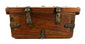 Historic Himalayan wooden lockbox with hand-forged iron hinges, heavy metal straps, and traditional dovetail joinery.