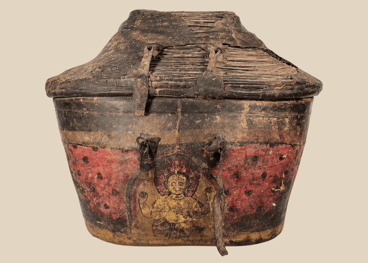 Antique Himalayan painted hide-covered storage basket with fitted domed lid