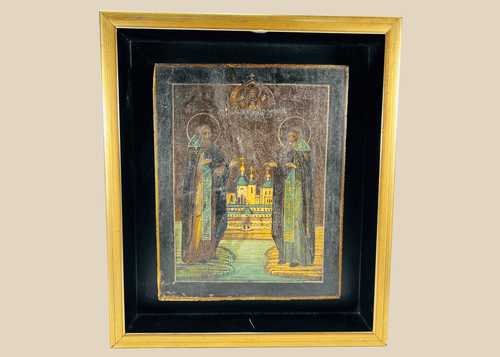 Antique Russian Orthodox icon of Saints Zosima and Savvaty with monastery