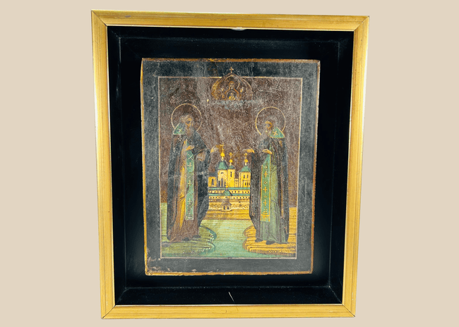 Antique Russian Orthodox icon of Saints Zosima and Savvaty with monastery