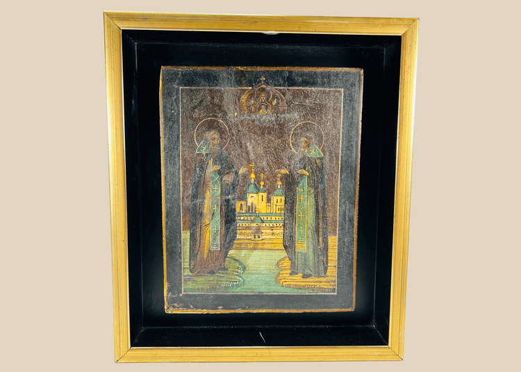 Antique Russian Orthodox icon of Saints Zosima and Savvaty with monastery