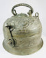Side view of an antique Indian copper Paan Daan displaying the hinged lid, decorative locking mechanism, and aged copper patina.
