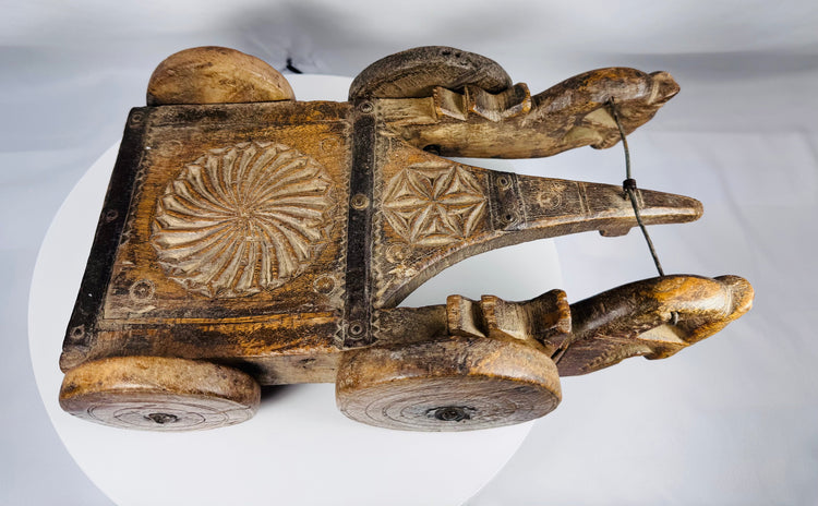 Antique ethnographic wooden cart featuring hand-forged iron rod and fittings