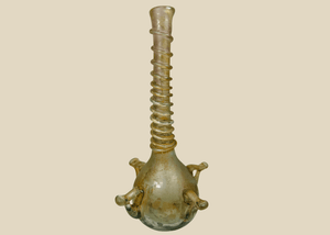 Botella de vidrio islámica antigua | Cuello en espiral con asas aplicadas | Siglos XII-XIV