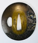 Antique Japanese tsuba signed Eizui with gold and silver inlay and warrior riding a horse through turbulent waves