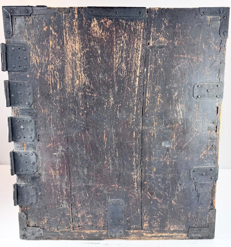 Rear view of Edo period funa tansu showing worn kiri wood panels, iron reinforcement and extensive historic patina