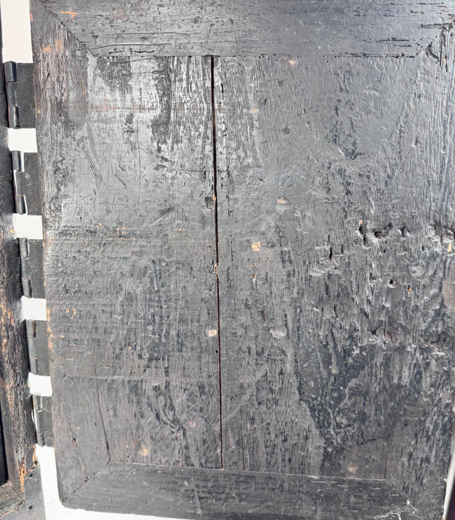 Back of the reinforced outer door of an antique Japanese Edo period funa tansu, showing aged kiri wood, historic wear, surface texture and iron hinge fittings.