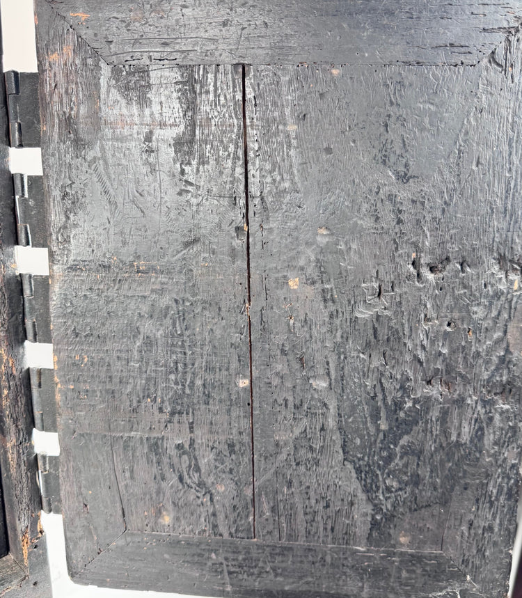 Back of the reinforced outer door of an antique Japanese Edo period funa tansu, showing aged kiri wood, historic wear, surface texture and iron hinge fittings.