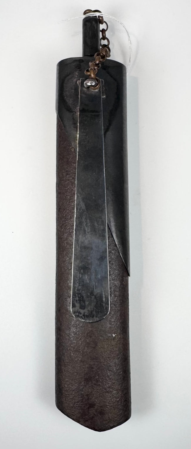 Full-length reverse view of Japanese kayaku-ire powder flask showing long belt clip and aged surface patina