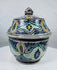 Hand-painted Moroccan glazed earthenware jar with domed lid and turquoise accents