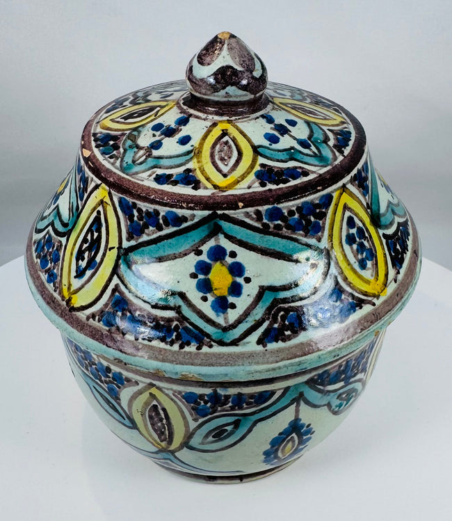 Fes pottery vessel with cobalt blue, yellow, turquoise, and manganese decoration