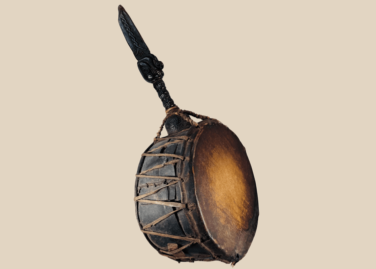 Antique Nepalese Dhyāngro shaman's drum with carved wooden handle, hide drumheads, and original ritual striker.