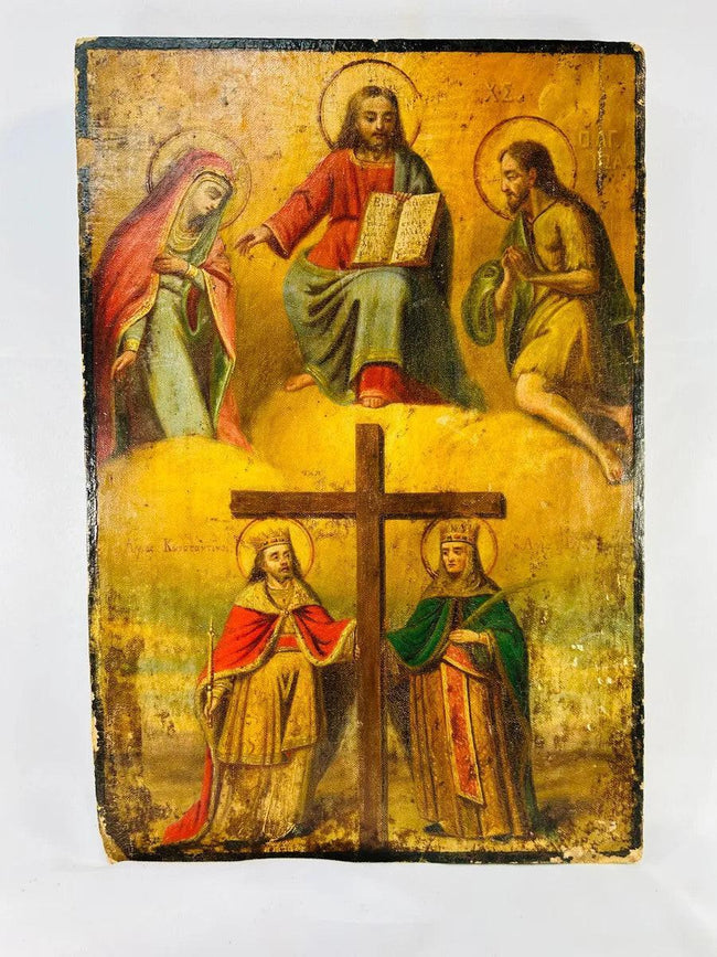 Antique Orthodox tempera icon with gilded background, Deësis composition, and lower scene of Constantine &amp; Helena venerating the True Cross
