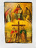 Antique Orthodox tempera icon with gilded background, Deësis composition, and lower scene of Constantine & Helena venerating the True Cross
