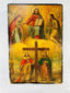 Antique Orthodox tempera icon with gilded background, Deësis composition, and lower scene of Constantine & Helena venerating the True Cross