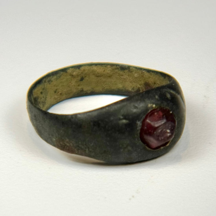 Close-up of Sassanian silver ring showing the carved carnelian intaglio and historic silver setting