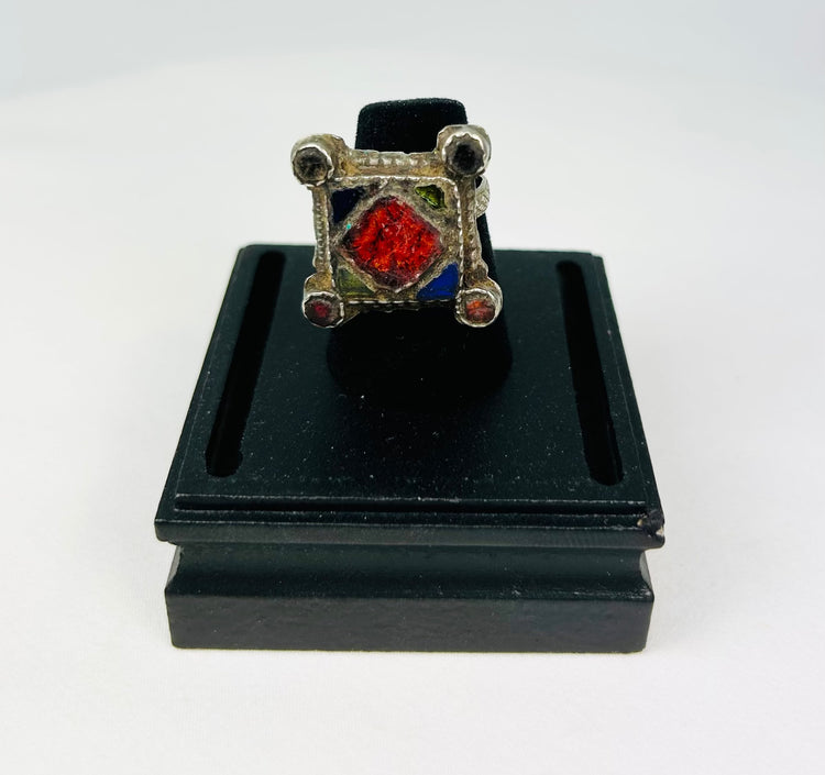 19th–early 20th century North African silver ring with rectangular bezel and geometric motifs