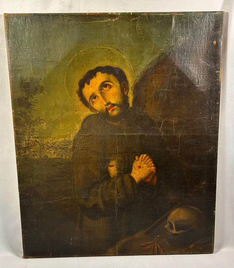 Spanish Colonial canvas painting with memento mori skull symbolism
