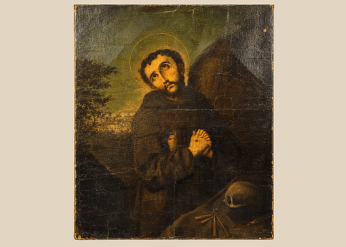 Spanish Colonial oil painting of Saint Francis with skull and halo