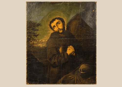 Spanish Colonial oil painting of Saint Francis with skull and halo