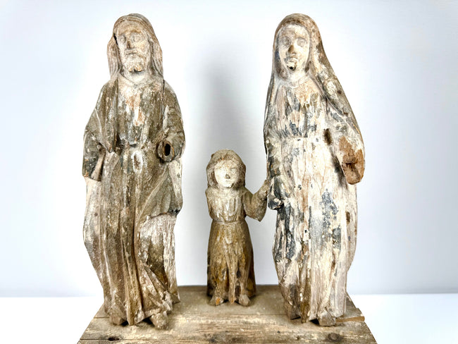 Spanish Colonial Holy Family wooden santo statue on rustic base with distressed original paint