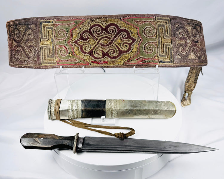 Late 19th-century Tibetan warrior belt set with dagger, scabbard, and suspension cord