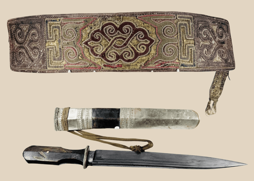 Antique Tibetan embroidered belt and dagger ensemble with silvered scabbard