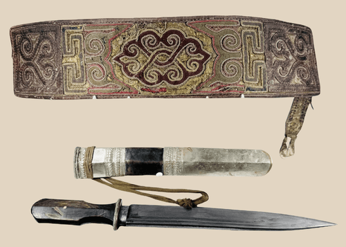 Antique Tibetan embroidered belt and dagger ensemble with silvered scabbard