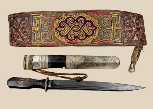 Antique Tibetan embroidered belt and dagger ensemble with silvered scabbard