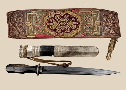 Antique Tibetan embroidered belt and dagger ensemble with silvered scabbard