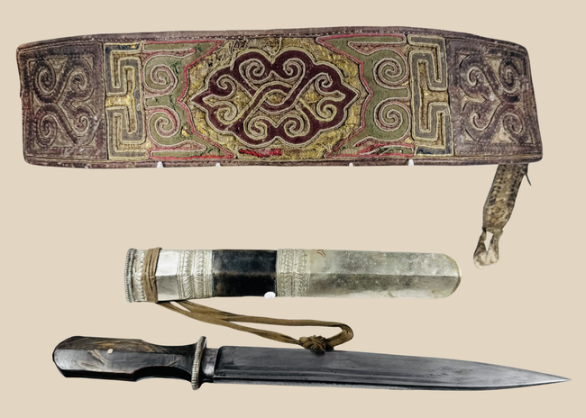 Antique Tibetan embroidered belt and dagger ensemble with silvered scabbard