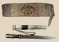 Antique Tibetan embroidered belt and dagger ensemble with silvered scabbard