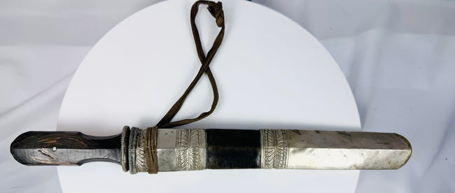 Antique Tibetan knife with horn handle, fitted scabbard, and carrying cord