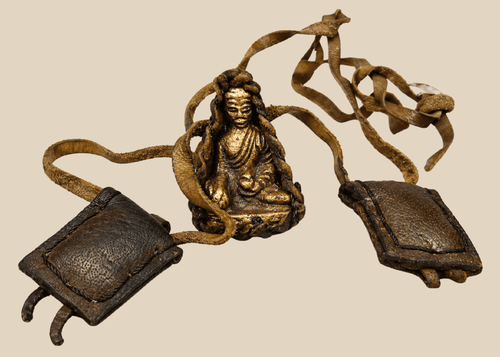 Tibetan portable Gau shrine amulet with leather travel pouch