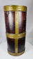 Himalayan hardwood storage jar displaying rich patina, hand-crafted brass fittings, and age-related wear.