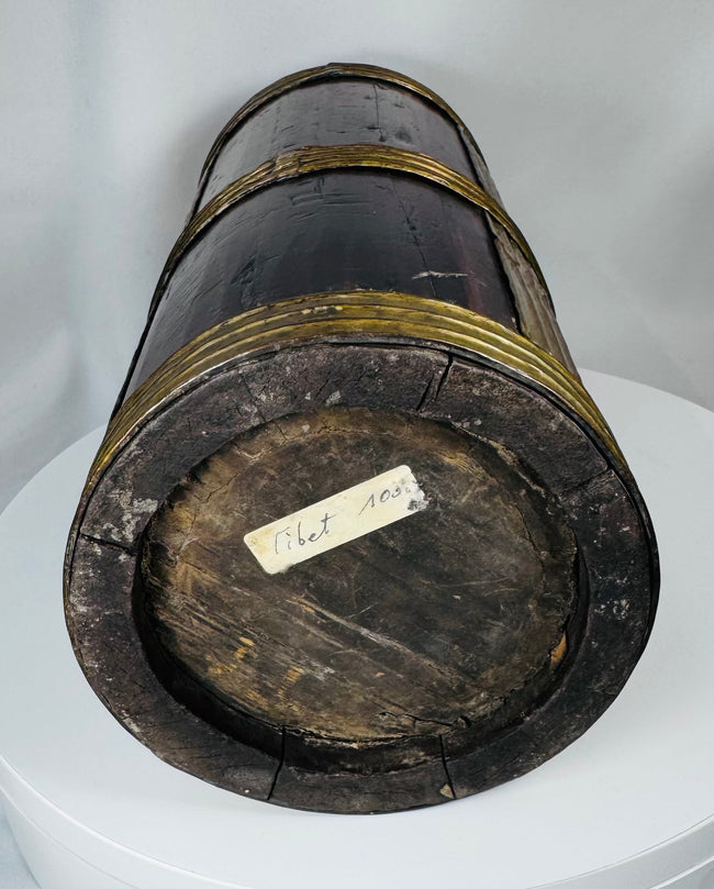 Antique Tibetan utility container used for storing grains, tea, butter, or household goods.