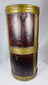 Himalayan wooden storage vessel with brass bindings, aged patina, and cylindrical form.