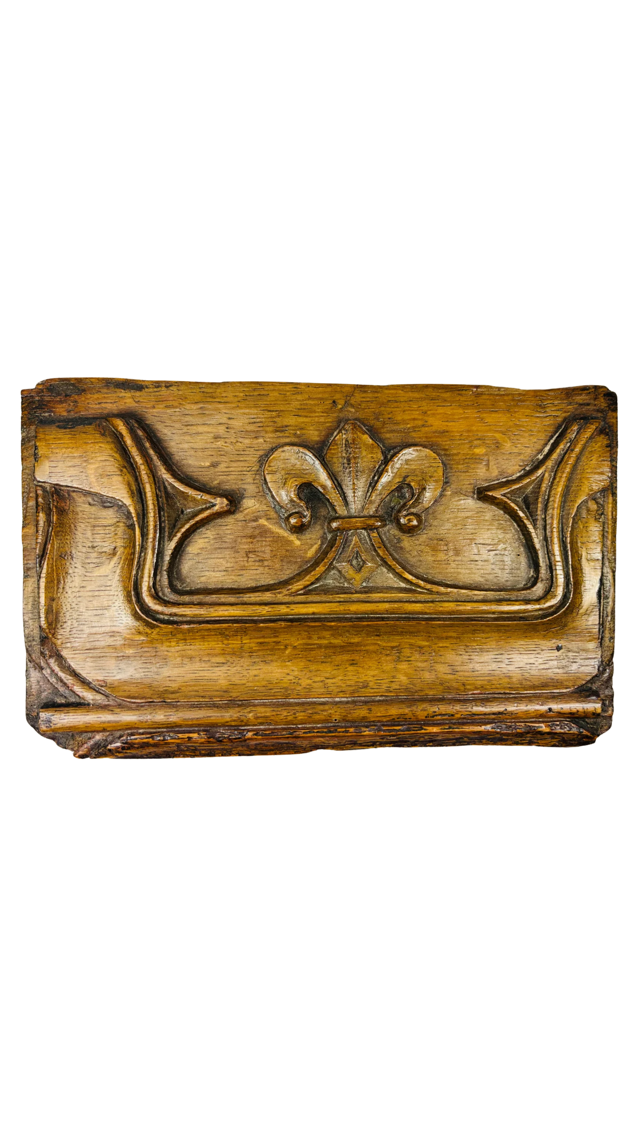 Antique European carved wooden architectural panel with fleur-de-lis motif and decorative scrollwork