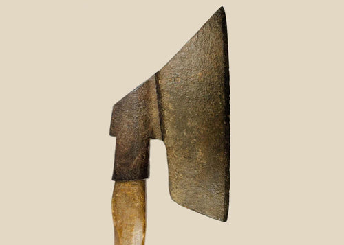 Antique European forged iron axe with wooden handle, featuring a leaf-shaped blade and tapered edge. Exhibits natural patina and surface wear consistent with 18th–19th century use, reflecting historical craftsmanship and utilitarian design.