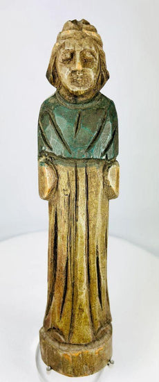 Antique European folk art figurine, 18th–19th century, hand-carved wood with painted surface, depicting a robed figure.