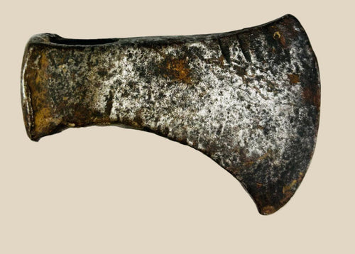 Antique 19th-century North American axe head, hand-forged iron with weathered patina and signs of historic use.