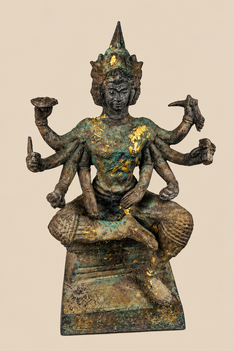 Four-faced, eight-armed Thai bronze Phra Phrom figure with a dark patina, traces of gilding and a tiered pedestal.