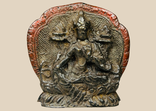 Tibetan bronze Buddhist devotional plaque with seated deity in relief