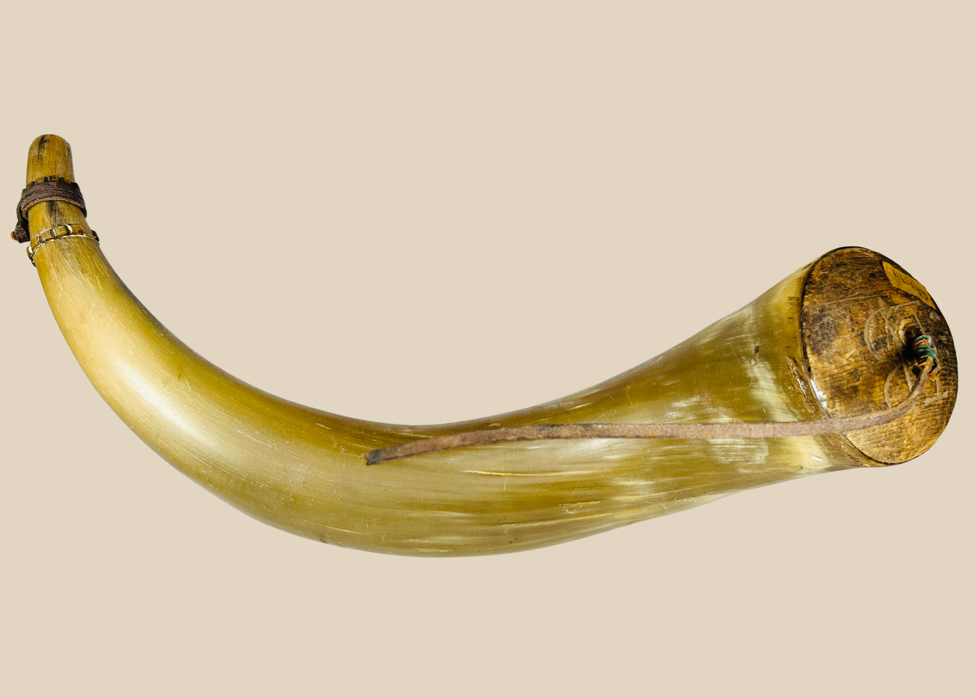 Antique priming powder horn with carved initials IB and wooden stopper