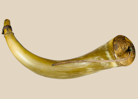 Antique priming powder horn with carved initials IB and wooden stopper