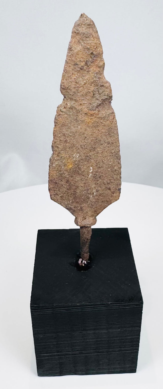 Archaeological European iron javelin point with elongated tip and surviving tang
